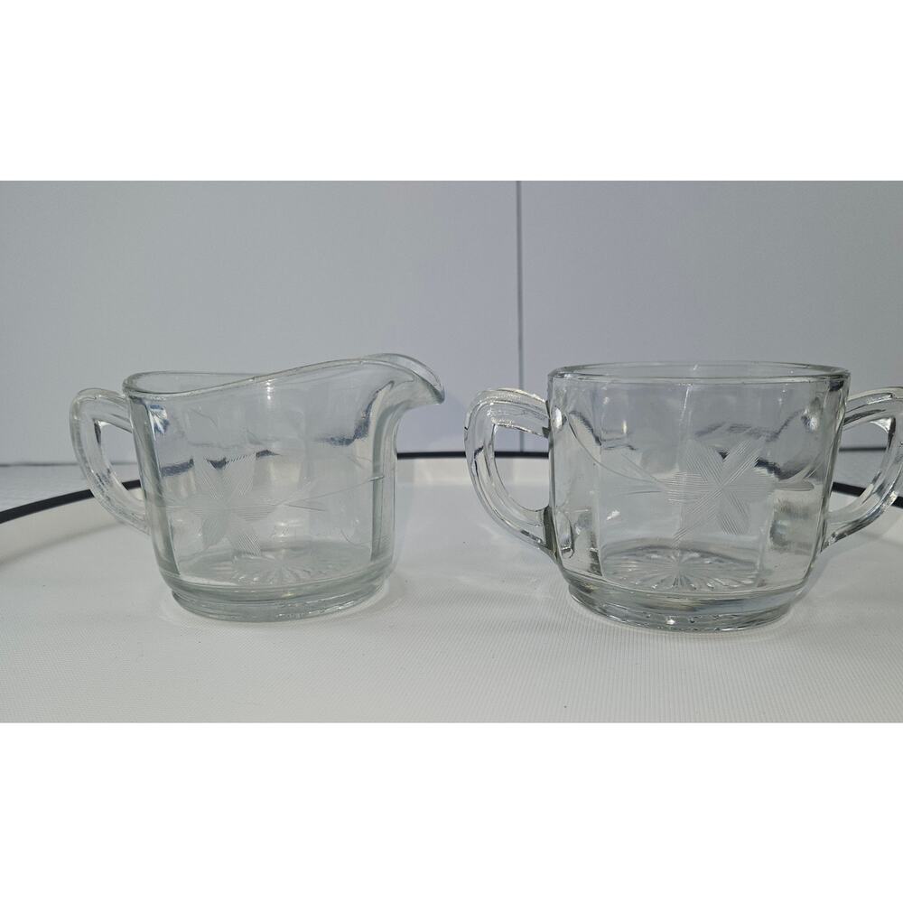 Vintage Etched Glass Creamer‎ and Sugar Bowl Set | Coffee Glass Cups 1940s